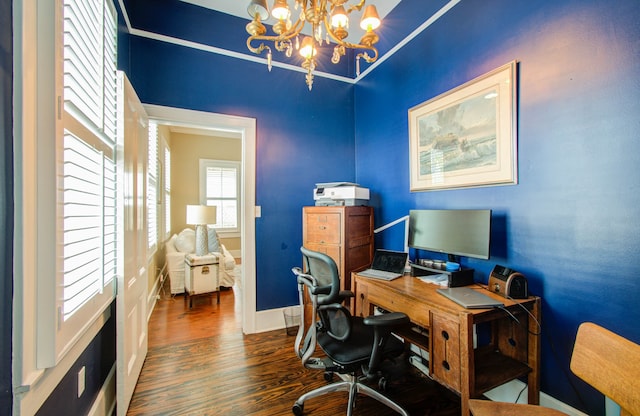 office featuring a chandelier and dark hardwood / wood-style flooring