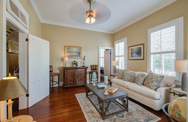 living room featuring crown molding, dark hardwood / wood-style floors, and ceiling fan