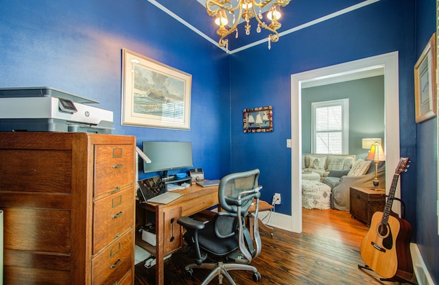 office featuring an inviting chandelier and dark hardwood / wood-style floors