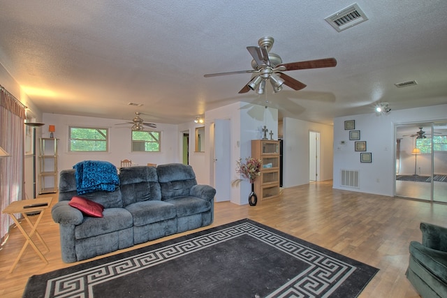 living room featuring hardwood / wood-style floors and a textured ceiling