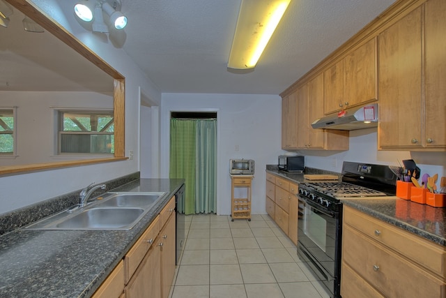 kitchen featuring light tile patterned flooring, a textured ceiling, sink, and black appliances