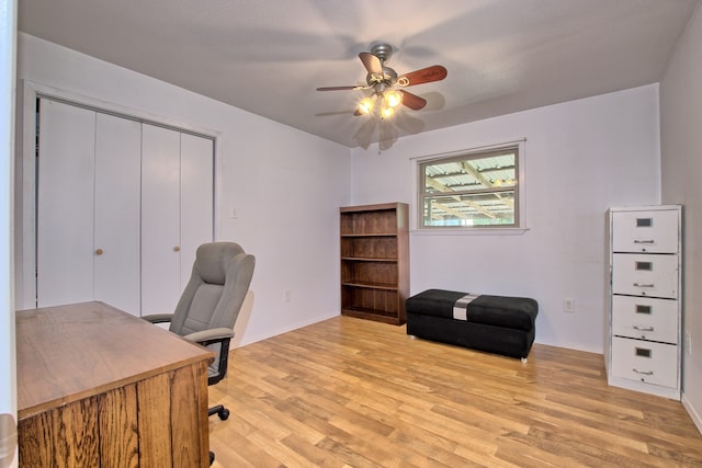 office area featuring light hardwood / wood-style floors and ceiling fan