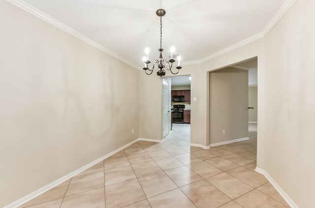 unfurnished dining area featuring crown molding, a notable chandelier, and light tile patterned floors