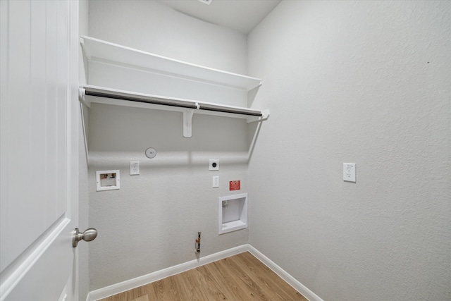 washroom with hookup for a gas dryer, hookup for an electric dryer, light hardwood / wood-style flooring, and washer hookup