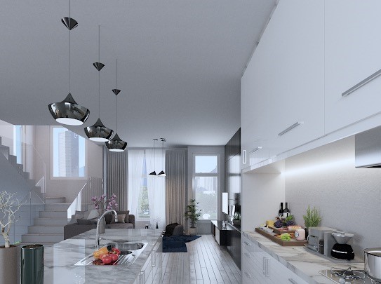 interior space featuring white cabinetry, light stone counters, sink, and wood-type flooring