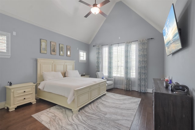 bedroom with ceiling fan, high vaulted ceiling, crown molding, and dark hardwood / wood-style floors