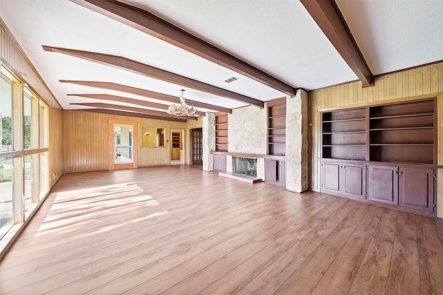 unfurnished living room featuring light hardwood / wood-style flooring, wood walls, beam ceiling, and a fireplace