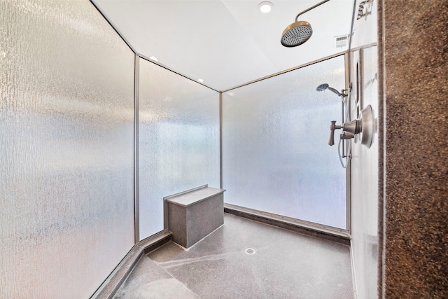 bathroom with lofted ceiling and a shower