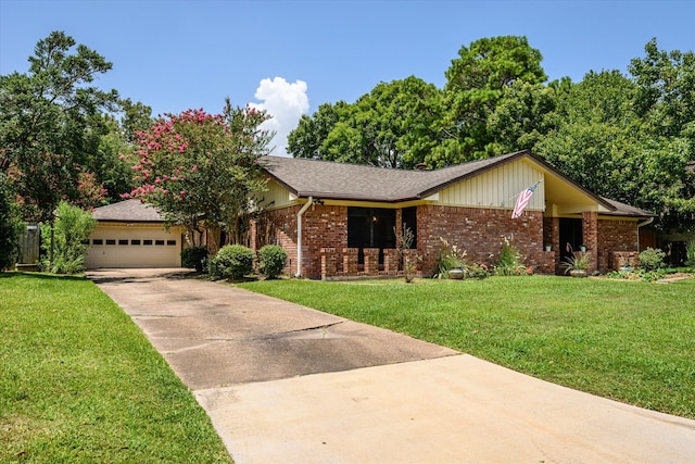 ranch-style house with a front yard and a garage