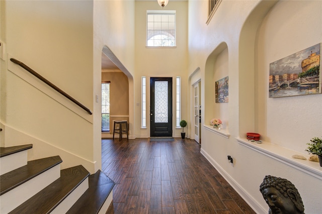 foyer entrance with a towering ceiling and dark hardwood / wood-style floors