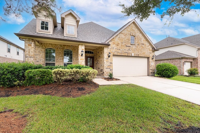 view of front of house featuring a porch, a garage, and a front yard