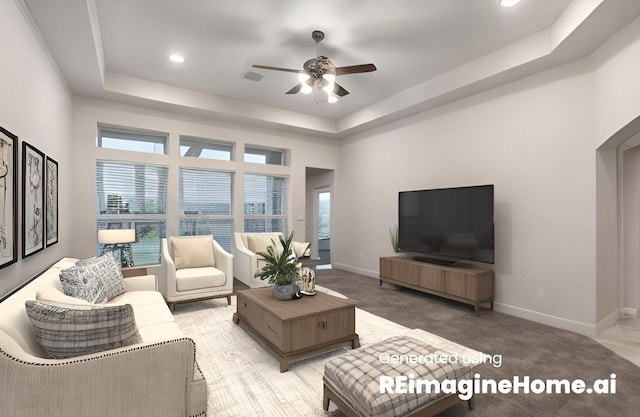 carpeted living room featuring a raised ceiling and ceiling fan