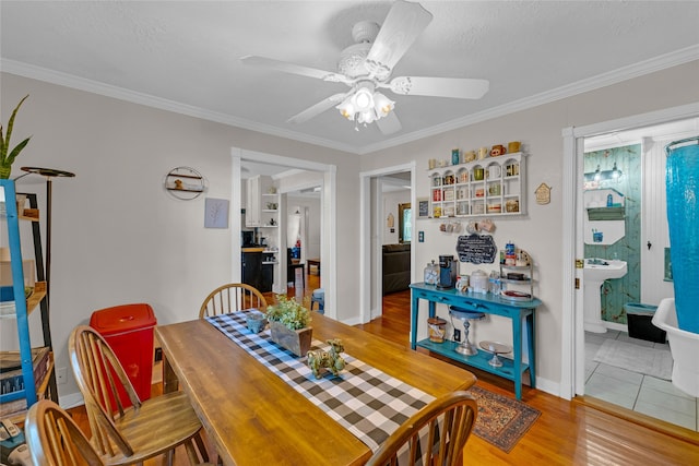 dining room with ornamental molding, a textured ceiling, wood-type flooring, and ceiling fan