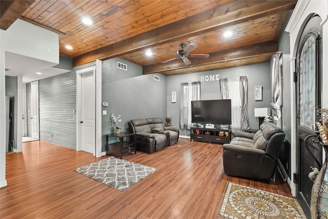 living room featuring beamed ceiling, ceiling fan, hardwood / wood-style flooring, and wooden ceiling