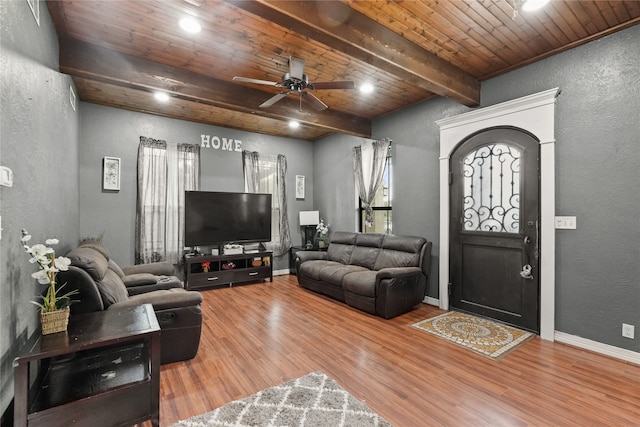 living room with beam ceiling, ceiling fan, wood-type flooring, and wooden ceiling