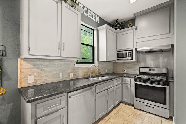 kitchen featuring stainless steel appliances, sink, ventilation hood, gray cabinets, and tasteful backsplash