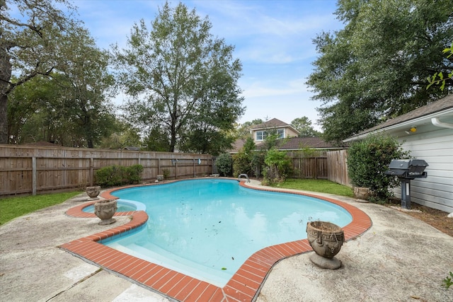 view of swimming pool with a fenced in pool, a fenced backyard, a patio area, and a grill