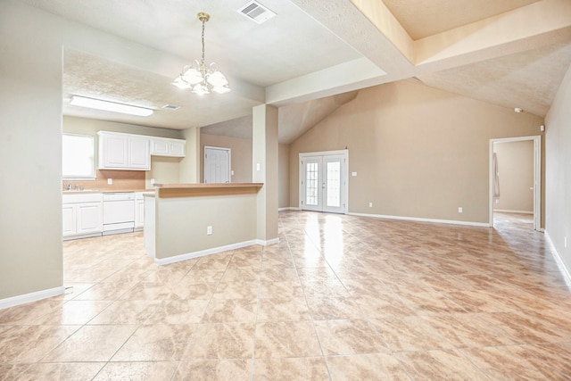 kitchen featuring visible vents, baseboards, white cabinets, french doors, and dishwasher