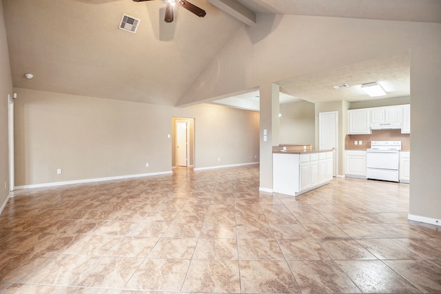 unfurnished living room featuring baseboards, visible vents, high vaulted ceiling, ceiling fan, and beamed ceiling