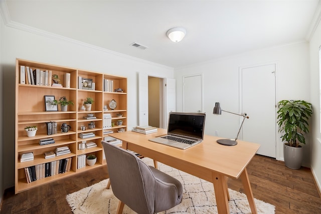 office featuring dark wood-type flooring and crown molding