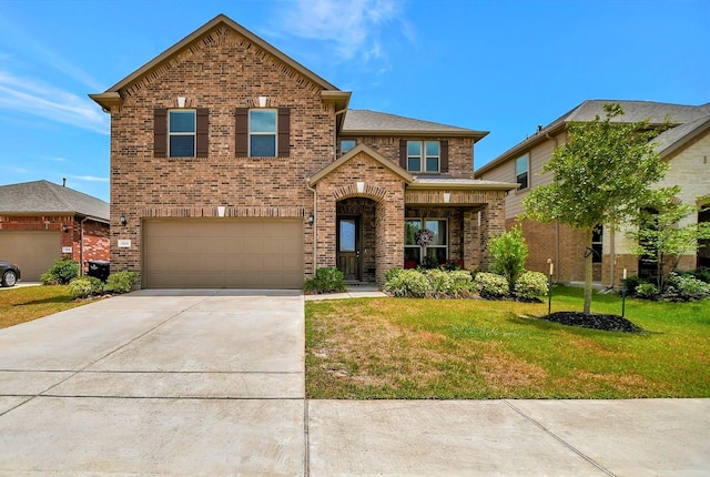 view of property featuring a garage and a front lawn