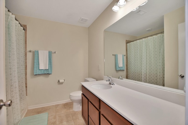 bathroom featuring tile patterned flooring, vanity, toilet, and a shower with curtain