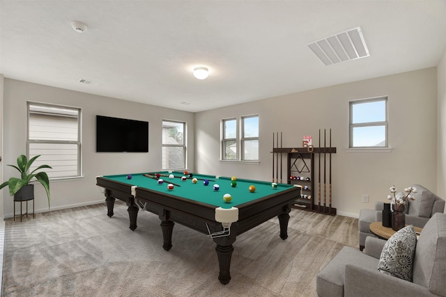 playroom with carpet flooring, plenty of natural light, and billiards