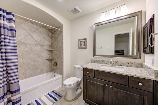 full bathroom with toilet, shower / bath combo, vanity, and tile patterned flooring