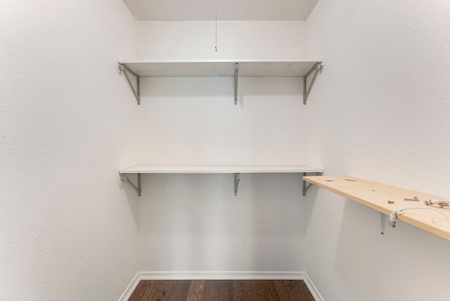 walk in closet with dark wood-type flooring