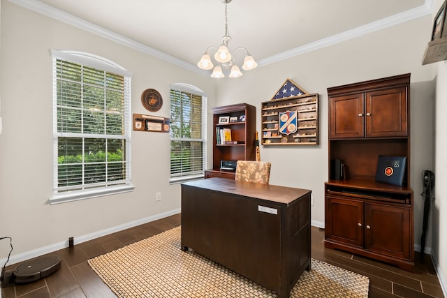 office featuring dark wood-type flooring, an inviting chandelier, and crown molding