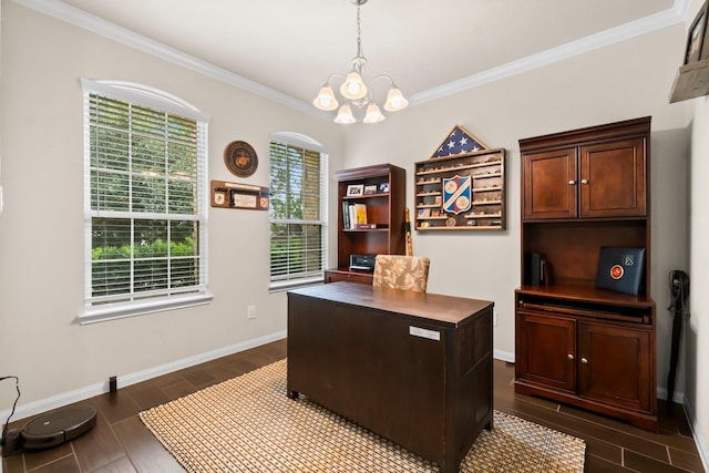 home office with ornamental molding and a chandelier