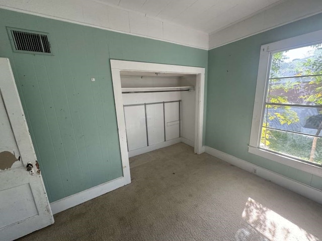 unfurnished bedroom featuring multiple windows, a closet, and carpet