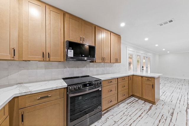 kitchen featuring kitchen peninsula, ornamental molding, black range with electric stovetop, and backsplash