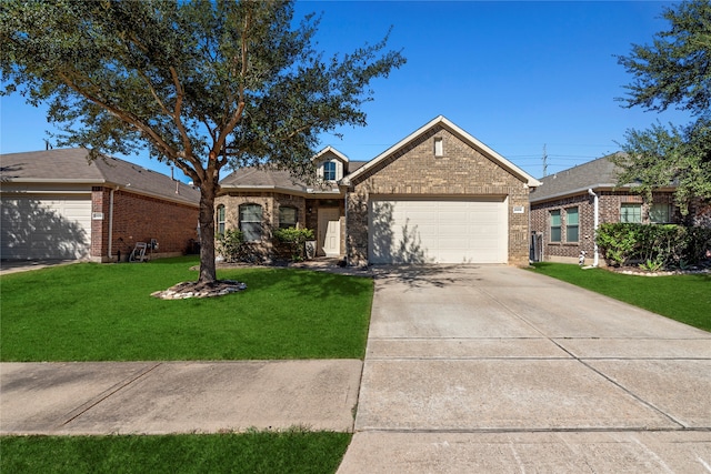 ranch-style house with a front yard and a garage