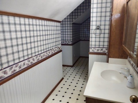 bathroom featuring vanity and lofted ceiling