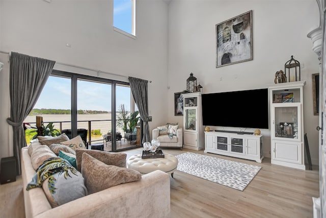 living room featuring a high ceiling and light wood-type flooring