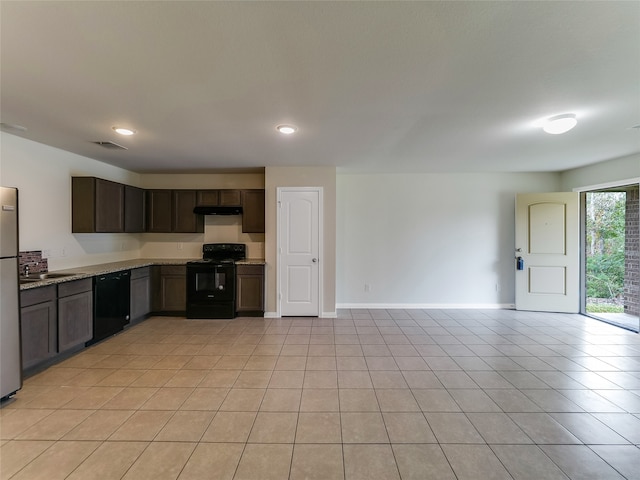 kitchen with black appliances, dark brown cabinets, and light tile patterned floors