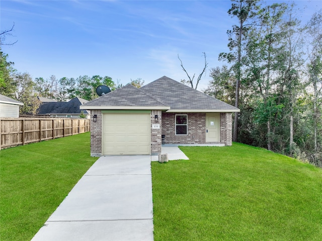 ranch-style home with a front lawn and a garage