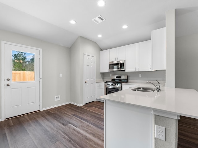 kitchen with lofted ceiling, dark hardwood / wood-style floors, sink, white cabinetry, and appliances with stainless steel finishes