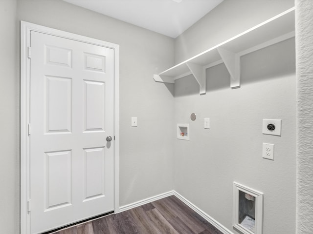 clothes washing area with hookup for an electric dryer, dark wood-type flooring, and hookup for a washing machine