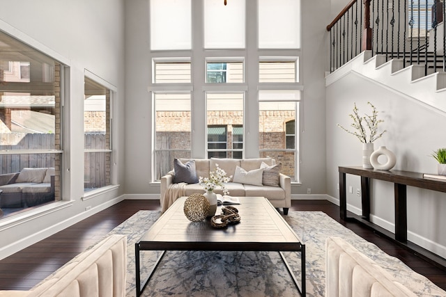 interior space featuring a high ceiling and dark hardwood / wood-style floors