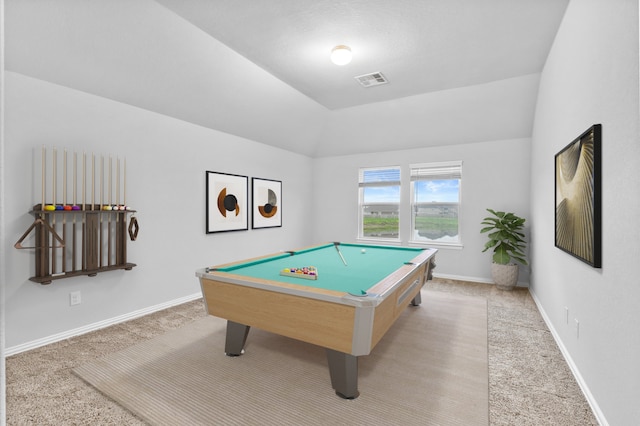 recreation room featuring lofted ceiling, light colored carpet, and billiards