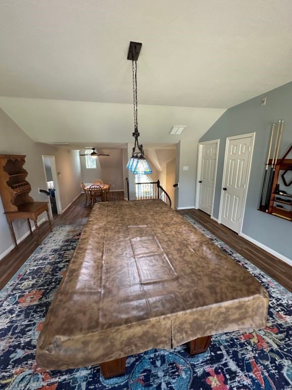 dining space featuring lofted ceiling, dark wood-type flooring, pool table, and ceiling fan