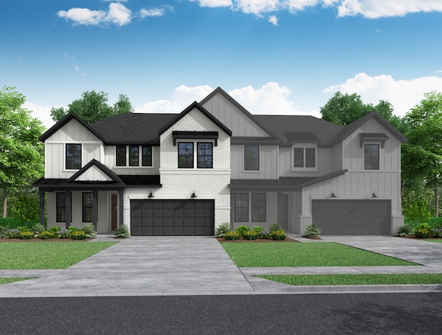 modern farmhouse style home featuring a garage, brick siding, driveway, board and batten siding, and a front yard