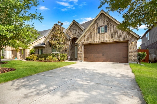 view of front of property with a garage and a front lawn