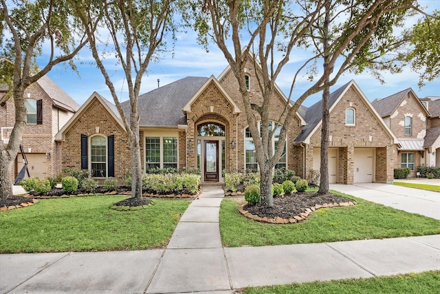 view of front of house with a front yard and a garage