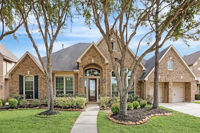 view of front of home with a front yard and a garage