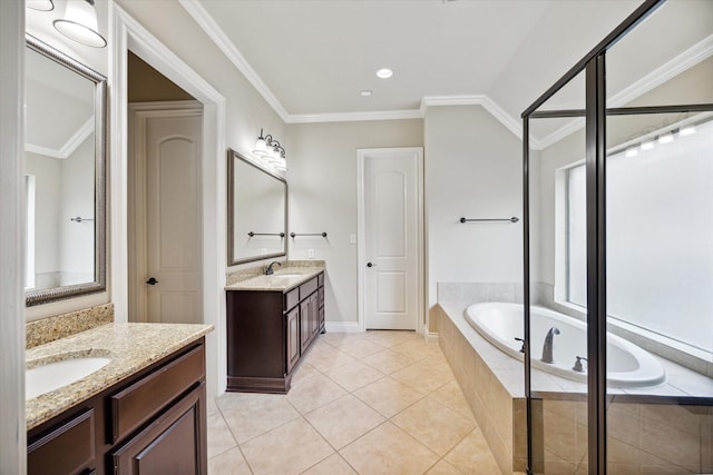 bathroom with tile patterned flooring, a relaxing tiled tub, ornamental molding, and vanity