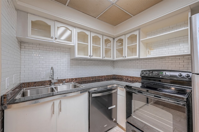 kitchen featuring tasteful backsplash, black electric range oven, sink, white cabinets, and dishwasher