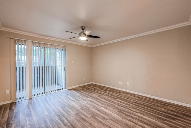 unfurnished room with ceiling fan, hardwood / wood-style flooring, and ornamental molding